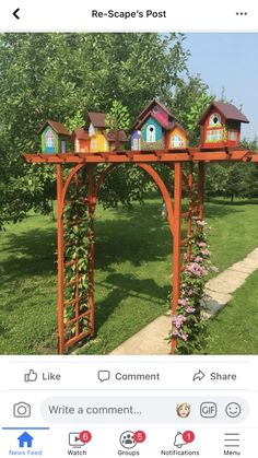 a wooden arbor with birdhouses on it and flowers growing up the top, along with an instagram post that reads re - scape's post