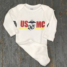 USMC Marine Corps Personalized Summer Onesie Bodysuit One Piece Newborn Infant Toddler Outfit White Pre-shrunk Cotton Onesie, Unisex White Custom Print Onesie, White Long Sleeve Onesie With Name Print, White Custom Print Unisex Onesie, Fitted White Bodysuit With Letter Print, White Cotton Bodysuit With Letter Print, Pre-shrunk White Cotton Onesie, Fitted White Onesie With Graphic Print, White Fitted Onesie With Graphic Print