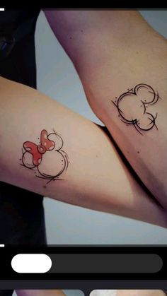 two tattoos on the arms of people with mickey mouse and minnie mouse ears tattoo designs