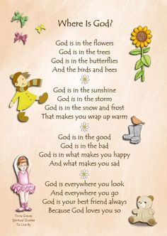 a poem written in english with pictures of children and flowers on it, including the words where is god?