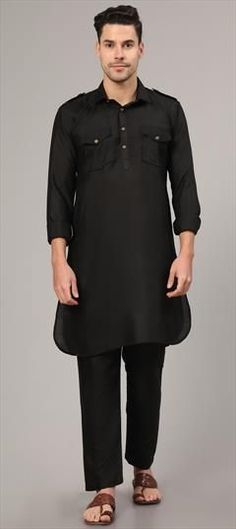 Black and Grey color Pathani Suit in Cotton fabric with Thread work Black Long Sleeve Kurta For Formal Occasions, Black Long Sleeve Kurta For Work, Traditional Black Workwear Sets, Traditional Black Sets For Workwear, Black Pathani Suit Men, Elegant Black Cotton Set, Formal Black Cotton Kurta, Formal Long Sleeve Black Kurta, Traditional Black Cotton Sherwani