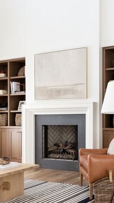 a living room filled with furniture and a fire place next to a book shelf full of books