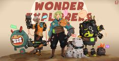 some cartoon characters are standing in front of a sign that says wonder pllider