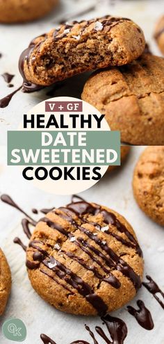 cookies with chocolate drizzled on top and the words v gf healthy date sweetened cookies