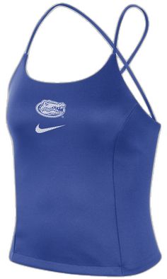 Sporty Summer Tank Top For College, Sporty Tank Top For College In Summer, Sporty Tank Top For Summer Swimming, Sporty Tank Top For Swimming In Summer, Summer Racerback Tank Top For Sports Events, Nike Summer Beach Top, Collegiate Summer Tops For Cheerleading, Blue Casual Swimming Tank Top, Blue Casual Tank Top For Swimming