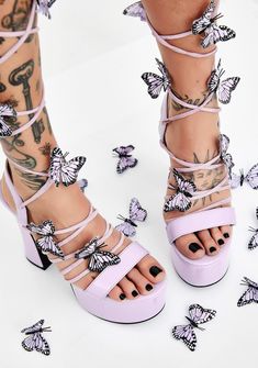 Sugar Thrillz Pixie Queen Lace Up Heels | Dolls Kill Heels Aesthetic White, Aesthetic White Shoes, Girls White Sneakers, Heels Purple, Black Shoes Sneakers, Heel Sandals Outfit, Butterfly Heels, Ankle Strap Chunky Heels, White Shoes Men