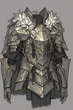 a drawing of a armor with flowers on the chest and arms, in gold foil