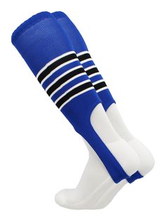 a pair of blue and white socks with black stripes