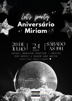 an event poster with disco balls and stars