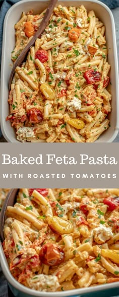 baked feta pasta with roasted tomatoes and parmesan cheese in a casserole dish