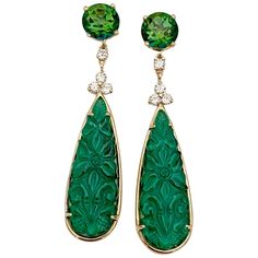 Michael Kneebone Green Topaz Diamond Green Onyx Dangle Earrings | From a unique collection of vintage Dangle Earrings at https://www.1stdibs.com/jewelry/earrings/dangle-earrings/. Elegant Carved Earrings For Formal Occasions, Elegant Carved Drop Earrings, Green Topaz, Lace Earrings, Halloween 2022, Diamond Jewelry Designs, Diamond Dangle Earrings, Green Jewelry, Pearl Earrings Dangle