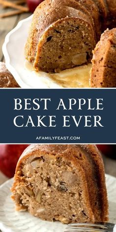 the best apple cake ever is cut in half and ready to be eaten