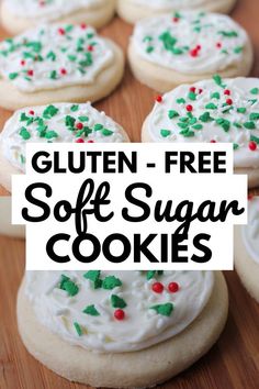 gluten - free soft sugar cookies with white frosting and sprinkles