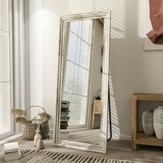 a large mirror sitting on top of a wooden floor next to a vase and potted plant