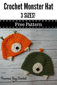 two crocheted hats with eyes on them, one is green and the other is orange