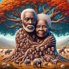 an old man and woman hugging each other in front of a tree with many heads on it