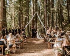 a wedding ceremony in the woods with people sitting at chairs and looking up into the sky