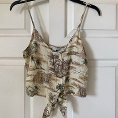 Brand New With Tags, Perfect Condition! Straps Are Adjustable. Has Some Stretch. While Laying Flat: Bust-34”, Waist-29”, Shoulder To Hem-18”. Tags: Hawaiian Button Up Front Down Cream Summer Crop Top For Vacation, Summer Cream Crop Top For Vacation, Beige Cropped Top For Vacation, Beige Printed Tops For Vacation, Cream Cropped Tops For Summer, Cream Cropped Top For Summer, Fitted Patterned Top For Vacation, Cropped Cream Top For Vacation, Vintage Sleeveless Tops For Day Out