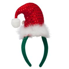 Merry Christmas Santa Hat HeadbandMade of polyester.One size fits most with a flexible headband, fitting up to XL.Adult/Unisex.Santa hat measures 6 inches wide and 3 inches long.Band measures 3/4 inches wide, with clips.Hand wash only.Imported. Festive and cute Santa hat headband for everyone.Headband is accented with a plush sequin Santa hat.Feather trimming detail along the edge of Santa hat.Gold metallic wording of Merry Christmas is attached on the front.Christmas ornament featured on the fr Adjustable Red Winter Headband, Red Adjustable Headband For Winter, Adjustable Red Headband For Winter, Red Adjustable Holiday Hat, Adjustable Red Mini Hat For Holidays, Adjustable Red Christmas Hat, Red Adjustable Christmas Hat, Festive Red Adjustable Hat, Red Adjustable Mini Hat For Christmas