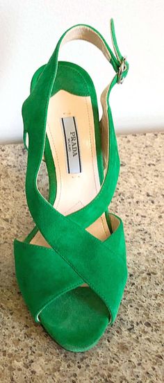 For Sale on 1stDibs - Fabulous brand new PRADA kelly green runway open toe heels! Vibrant green color on an architecturally appealing design. Adjustable strap can fit an array Luxury Green Open Heel Sandals, Green Evening Sandals With Wrapped Heel, Green Heel Strap Sandals For Evening, Evening Green Sandals With Heel Strap, Green Evening Sandals With Heel Strap, Luxury Green Open Toe Sandals, Formal Green Sandals With Padded Heel, Designer Green Formal Sandals, Modern Green Open Heel Heels