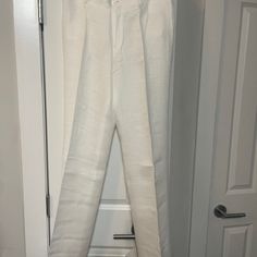 Full Leg Linen Pant In White. Brand New And Never Been Worn Without Tags. Size Xl, Us Women's Size 12. Front Rise Is 10", Back Rise Is 12", And Length From Top Of Pant To Bottom Of Pant Is 48". White Fitted Classic Wide Leg Pants, Classic White Linen Wide Leg Pants, Classic White Fitted Wide Leg Pants, White Tapered Leg Dress Pants For Summer, Classic White Full Length Bottoms, Classic White Straight Pants, Elegant White Linen Pants, Tailored Tapered Leg White Dress Pants, Elegant White Tapered Leg Bottoms