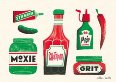 an illustration of various condiments and sauces