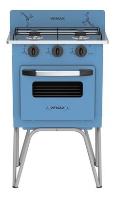 a blue stove with two burners on it