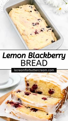 lemon blackberry bread with icing in a loaf pan