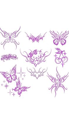 some tattoos are drawn in purple ink on a white background, with butterflies and stars