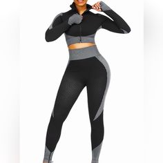 This Two Piece Color Block Copped Zip Up Jacket And Super High Waist Leggings That Fits Like A Glove! Shirt Is Not Included! 80% Polyester, 12% Nylon, 8% Spandex (Phenomenal Stretch) Model 5'2, 34dd, 140lbs Wearing Size M. Gray Activewear For Winter Workout, Gray Stretch Activewear For Fall, Fitted Black Activewear For Fall, Black Fitted Activewear For Fall, Winter Gray Workout Activewear, Gray Winter Workout Activewear, Winter Workout Activewear In Gray, Functional Black Activewear For Fall, Black Functional Activewear For Fall