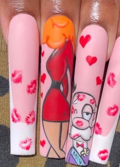 Valentine Character Nails, Character Valentines Nails, Bratz Nails Design, Disney Character Nails, Anti Valentines Day Nails, Cartoon Character Nails, 90s Cartoon Nails Acrylic, Cartoons Nails, Marvel Nails