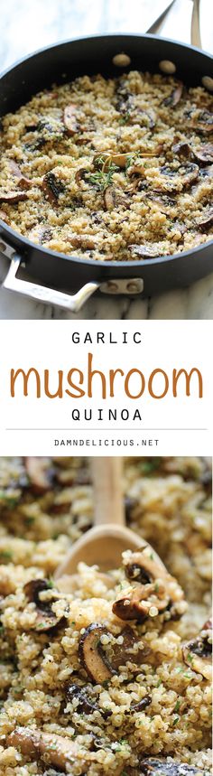 mushroom quinoa in a skillet with the title text overlay reads garlic mushroom quinoa