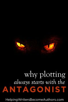 an orange glowing cat's eyes with the caption, why plotting always starts with the antagonistt?