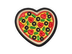 a heart shaped pizza with olives and peppers on it's side, embroidered onto a white background