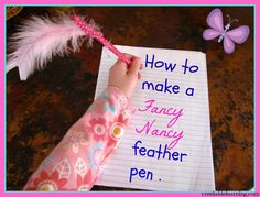 a child's hand writing how to make a fancy feather pen