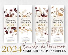 three bookmarks with flowers on them and the words, agenda de recurssore 2012