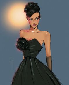 a drawing of a woman in a black dress