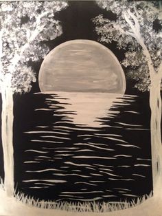 a painting with trees and the moon in the background