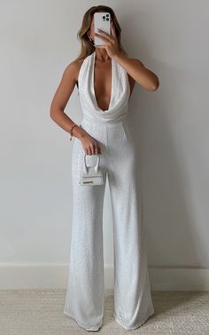 Julien Backless Wide Leg Cowl Neck Sequin Jumpsuit in White | Showpo USA White Jumpsuit Outfit, Reception Outfit For Bride, Reception Jumpsuit, White Jumpsuit Wedding, Valentines Day Outfits, Bride Jumpsuit, White Party Outfit, Reception Outfit, Bachelorette Party Outfit