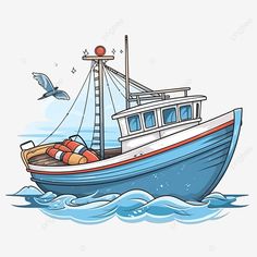 a boat in the water with seagulls flying around it, illustration, cartoon png and psd