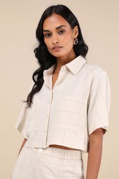 You'll always get compliments on your style in the Lulus Enviably Breezy Beige Striped Linen Short Sleeve Button-Up Top! Lightweight, linen-blend woven fabric boasts a chic striped design as it shapes this patchwork-inspired top that has short sleeves and a collared neckline. Seaming details lend a trendy effect to the bodice, which has a functional front button placket and two roomy patch pockets. Lightly cropped hem completes the look. Fit: This garment fits true to size. Length: Size medium m Linen Tops With Button Closure For Vacation, Chic Beige Linen Blouse, Spring Button-up Flax Tops, Cream Linen Top With Buttons, Cream Linen Tops With Buttons, Flax Top With Button Closure For Summer, Summer Flax Tops With Button Closure, Summer Tops In Flax Color With Button Closure, Cream Linen Button-up Top