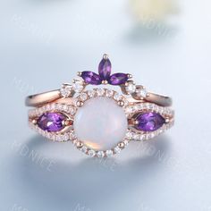 Genuine Opal Bridal Set/ Opal Engagement Ring Set/ 14K Solid Rose Gold Ring/ Opal Amethyst Wedding Ring Set/ Natural Opal Ring Set Unique wedding set,perfect as engagement/wedding ring, birthday or anniversary gift, etc. Engagement Ring ❀gemstone is 7mm round cut natural opal❀ ❀ band stone : 4X2mm marquise cut amethyst + man made diamond stones,VVS Clarity,AAA❀ ❀925 Sterling Silver,Rose/White/Yellow Gold Plated❀ ❀14/18k Solid White/Rose/Yellow gold❀ Wedding Band ❀ 3X1.5mm marquise cut amethyst + Purple 14k Gold Birthstone Wedding Ring, Wedding Yellow Gold Amethyst Ring With Halo Setting, Heirloom Purple Ring For Wedding, Heirloom Purple Rings For Weddings, Heirloom Purple Wedding Rings, 14k Gold Amethyst Wedding Ring, White Amethyst Wedding Ring In Fine Jewelry Style, Fine Jewelry White Amethyst Wedding Ring, White Amethyst Wedding Ring Fine Jewelry