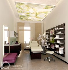 the interior of a beauty salon with white furniture and flowers painted on the ceiling above