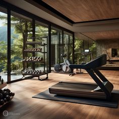 an exercise room with treadmills, yoga mat and other equipment in the foreground