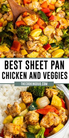 Close-up of sheet pan chicken and veggies over a bowl of rice. Sheet Pan Chicken And Veggies, Pan Chicken And Veggies, Chicken And Veggie Recipes, Chicken And Veggies, Sheet Pan Suppers, Sheet Pan Chicken, Sheet Pan Dinners Recipes, Zucchini Squash, Health Dinner