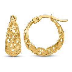 Brighten up your look with these charming filigree design hoop earrings. Crafted from 14K yellow gold, these lovely 16mm earrings shine with high polished finish and secured with endless back closures. Elegant Small Hoop Filigree Earrings, Elegant Hinged Yellow Gold Huggie Earrings, Elegant Filigree Hoop Earrings In 14k Gold, Elegant 14k Gold Filigree Hoop Earrings, 14k Gold Hoop Earrings With Filigree Detail, Elegant Filigree Yellow Gold Hoop Earrings, Yellow Gold Filigree Hoop Earrings For Anniversary, Anniversary Yellow Gold Hoop Earrings With Intricate Design, Yellow Gold Filigree Hoop Jewelry