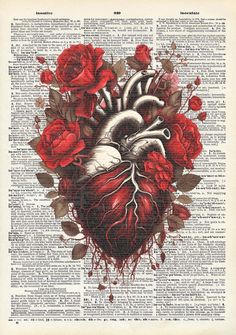 a book page with an image of a heart and red roses on top of it