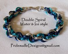 This bracelet is hand-made from anodized aluminum rings. These colors do not fade or stain your skin. It is very light weight so it won't hold you down. These bracelets are comfortable and quite flexible.  The Double Spiral weave is used for this bracelet. This looks great on men and women alike.  Thank you for your interest in Pridemaille Jewelry. Flower Chain Bracelet, Homemade Flowers, Chainmaille Jewelry Patterns, Jump Ring Jewelry, Braided Bracelet Diy, Chainmaille Jewelry, Gift Crafts, Chainmail Jewelry, Water Ice