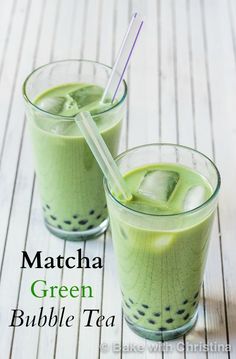 matcha green bubble tea in two glasses