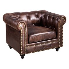 a brown leather chair with studded arms